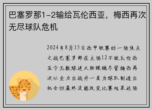 巴塞罗那1-2输给瓦伦西亚，梅西再次无尽球队危机