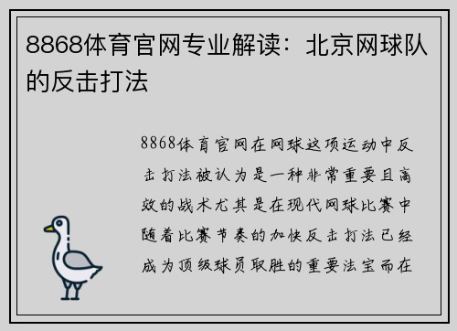 8868体育官网专业解读：北京网球队的反击打法